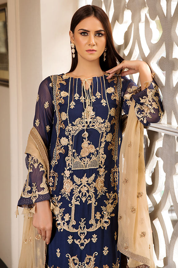 2182-BAROQUE-BLUE EMBROIDERED BEMBERG CHIFFON UNSTITCHED
