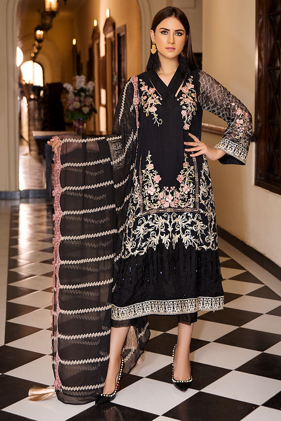 2183-MORINGA-BLACK  EMBROIDERED BEMBERG CHIFFON UNSTITCHED