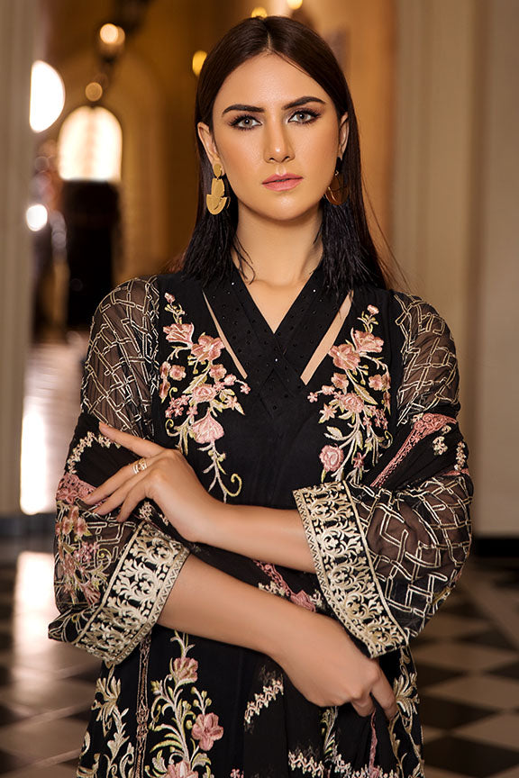 2183-MORINGA-BLACK  EMBROIDERED BEMBERG CHIFFON UNSTITCHED