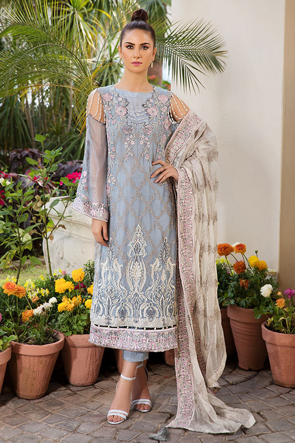 2185-FROZEN-BLUE EMBROIDERED BEMBERG CHIFFON UNSTITCHED