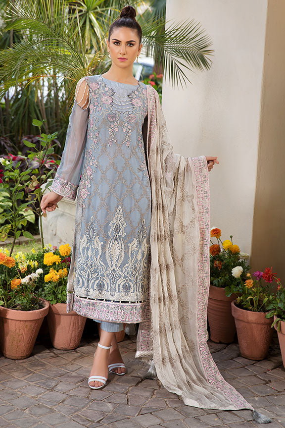 2185-FROZEN-BLUE EMBROIDERED BEMBERG CHIFFON UNSTITCHED