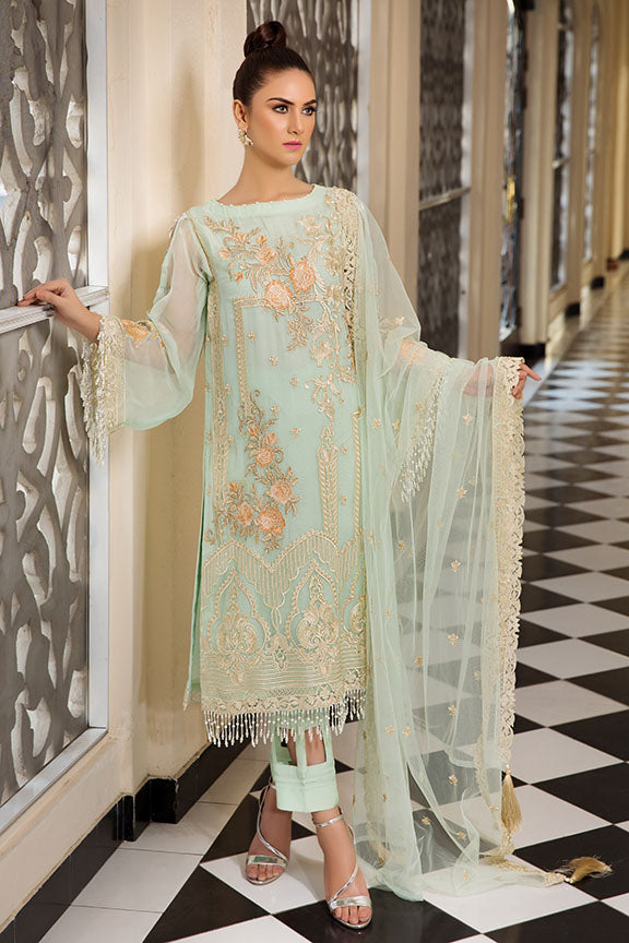 2188-VINTAGE-AQUA EMBROIDERED BEMBERG CHIFFON UNSTITCHED