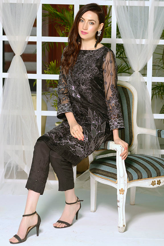 2195-BLACK EMBROIDERED ORGANZA STITCHED
