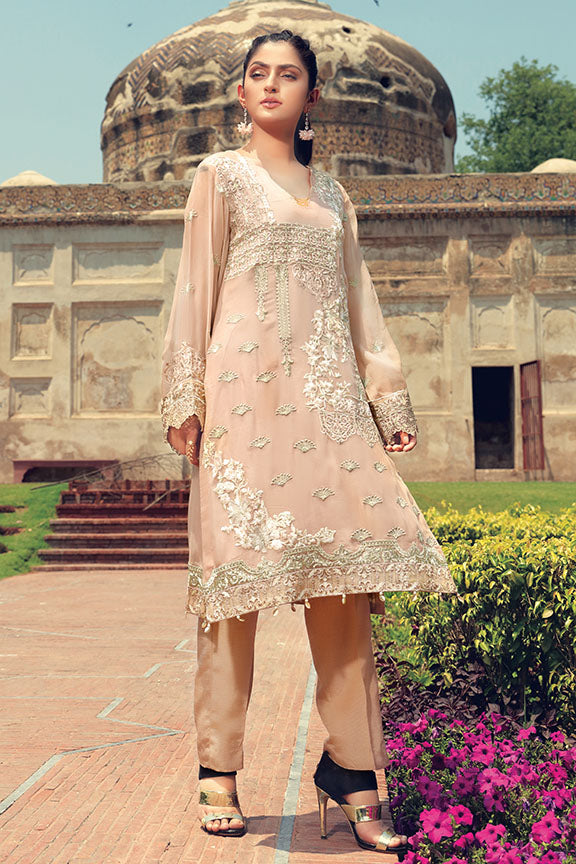 2239-PEACH EMBROIDERED BEMBERG CHIFFON STITCHED