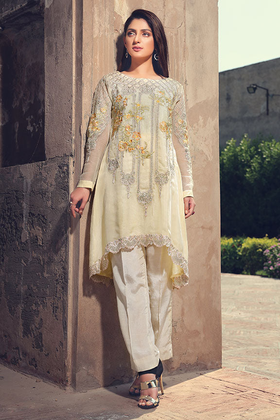 2243-LEMON-YELLOW EMBROIDERED BEMBERG CHIFFON STITCHED