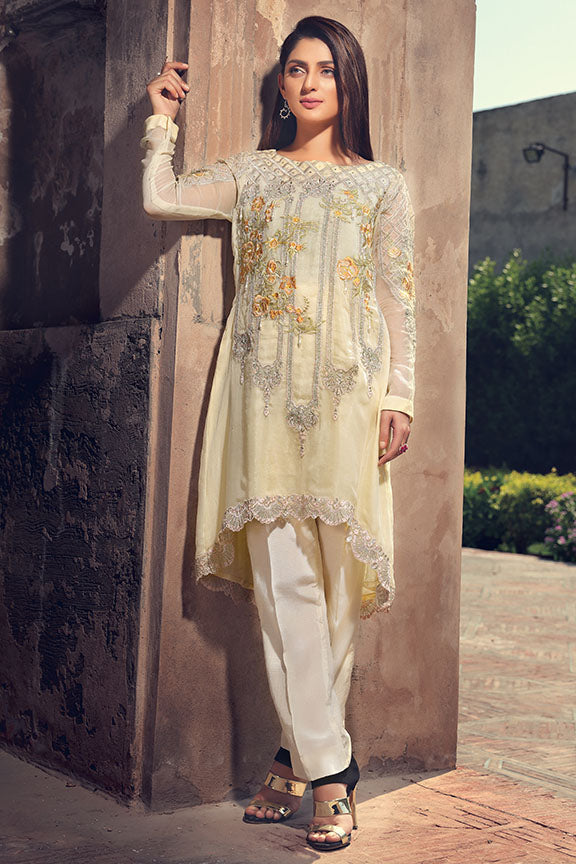 2243-LEMON-YELLOW EMBROIDERED BEMBERG CHIFFON STITCHED