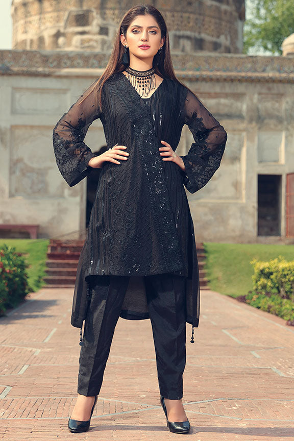 2244-BLACK EMBROIDERED CHIFFON STITCHED