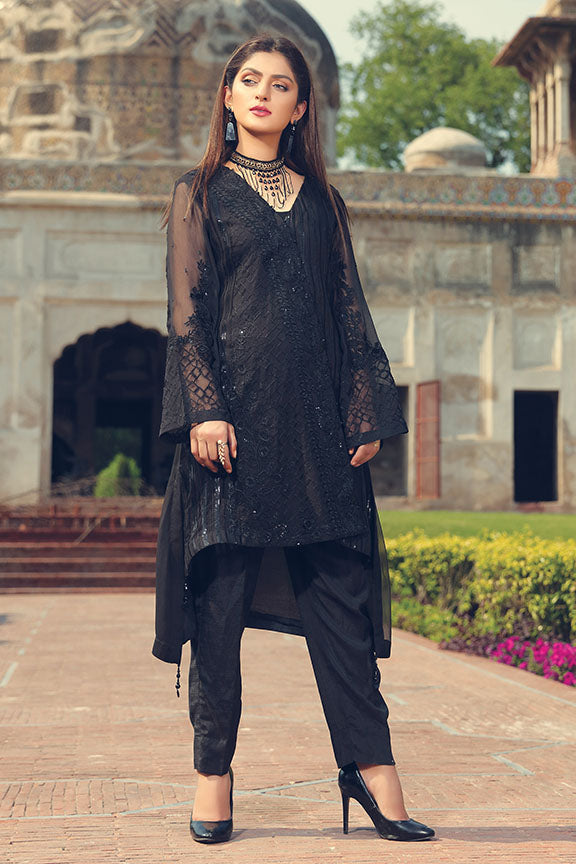 2244-BLACK EMBROIDERED CHIFFON STITCHED