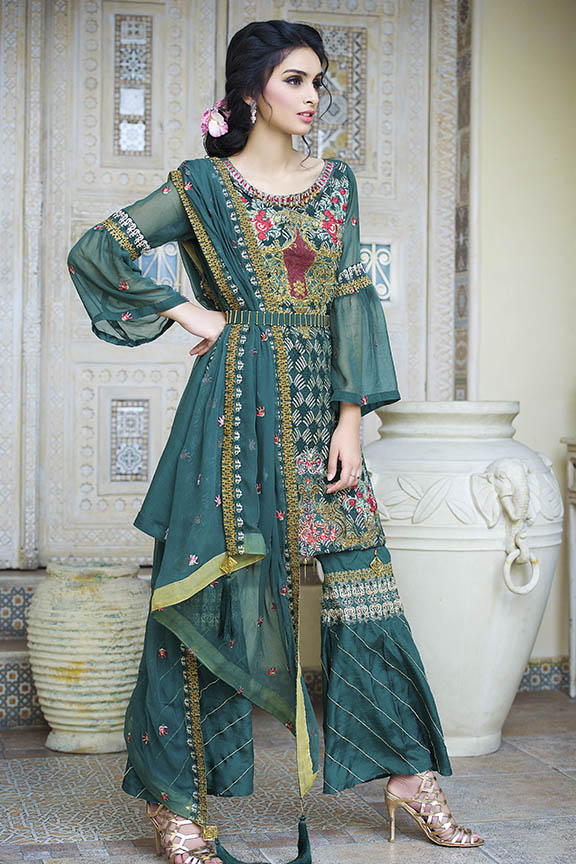 2256-GREEN-BLOSSOM EMBROIDERED BEMBERG CHIFFON UNSTITCHED
