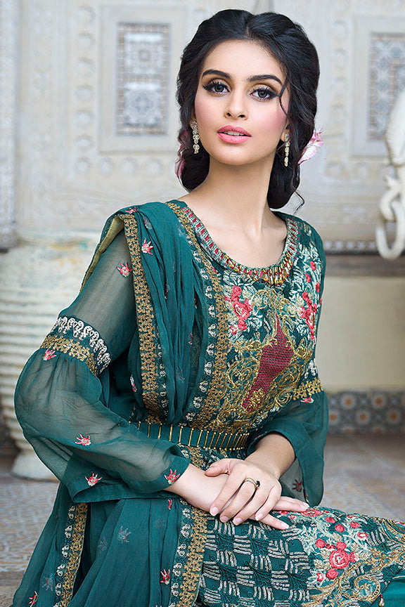 2256-GREEN-BLOSSOM EMBROIDERED BEMBERG CHIFFON UNSTITCHED