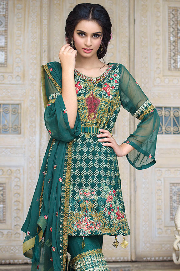 2256-GREEN-BLOSSOM EMBROIDERED BEMBERG CHIFFON UNSTITCHED