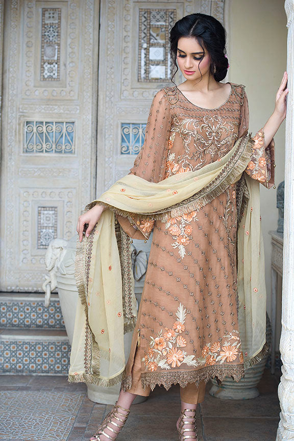 2258-SMOKE-BROWN EMBROIDERED BEMBERG CHIFFON UNSTITCHED