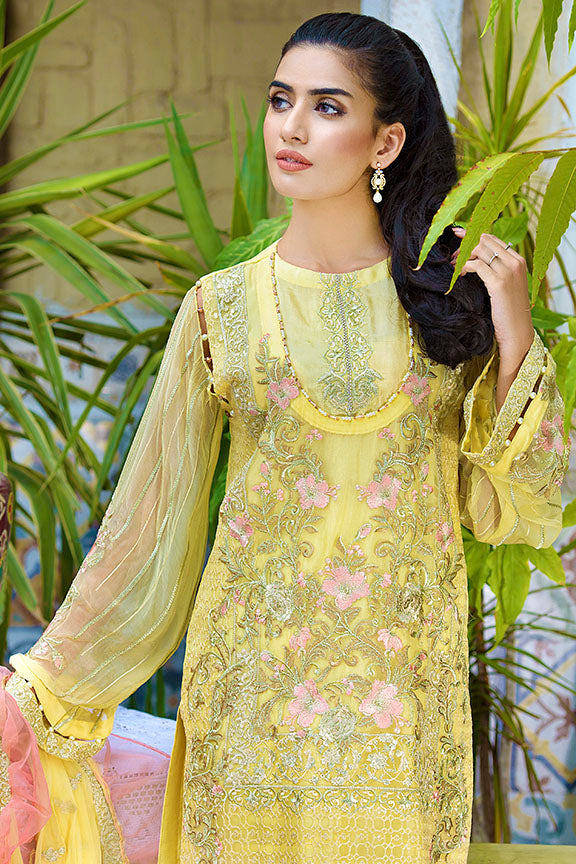 2261-POWDER-YELLOW EMBROIDERED BEMBERG CHIFFON UNSTITCHED