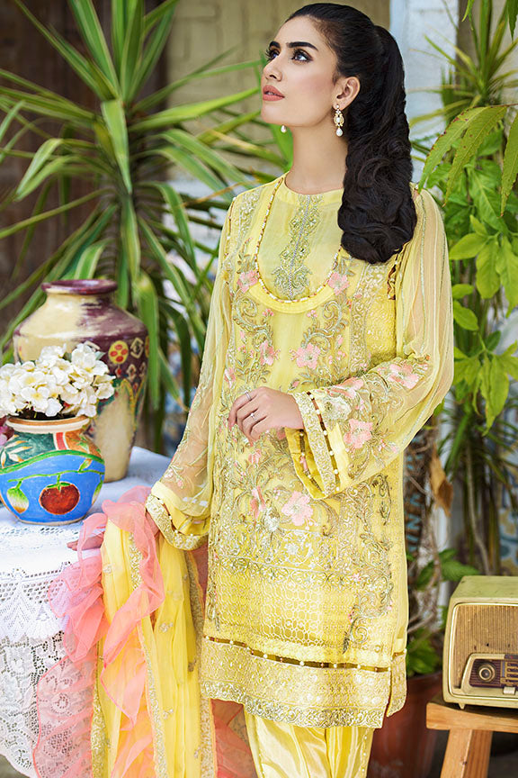 2261-POWDER-YELLOW EMBROIDERED BEMBERG CHIFFON UNSTITCHED