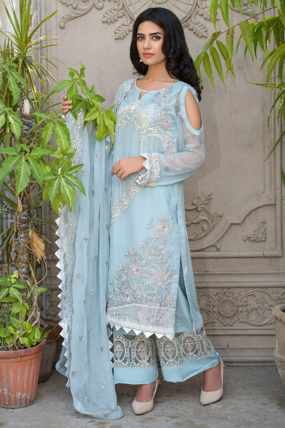 2262-AQUA-BLUE EMBROIDERED BEMBERG CHIFFON UNSTITCHED