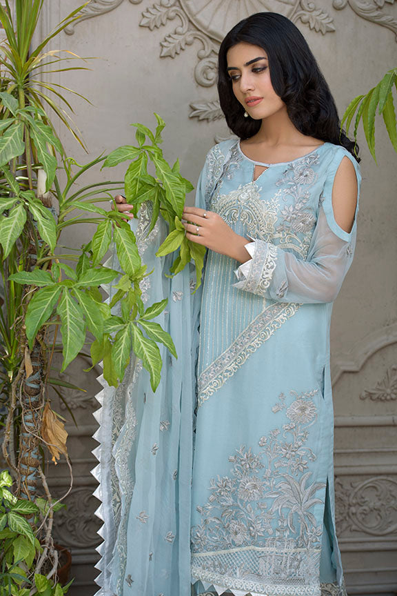 2262-AQUA-BLUE EMBROIDERED BEMBERG CHIFFON UNSTITCHED