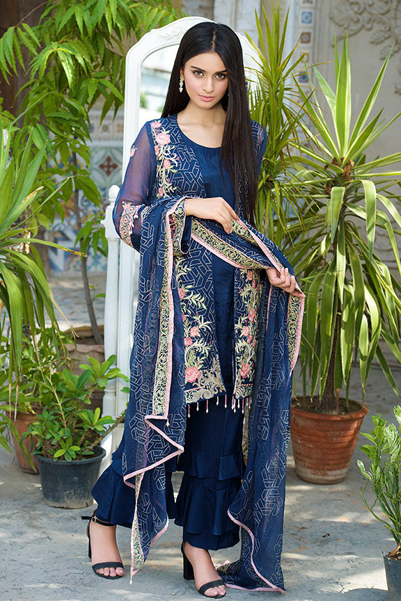 2264-MOONLIGHT-BLUE EMBROIDERED BEMBERG CHIFFON UNSTITCHED