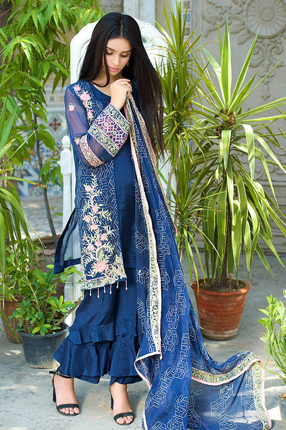 2264-MOONLIGHT-BLUE EMBROIDERED BEMBERG CHIFFON UNSTITCHED