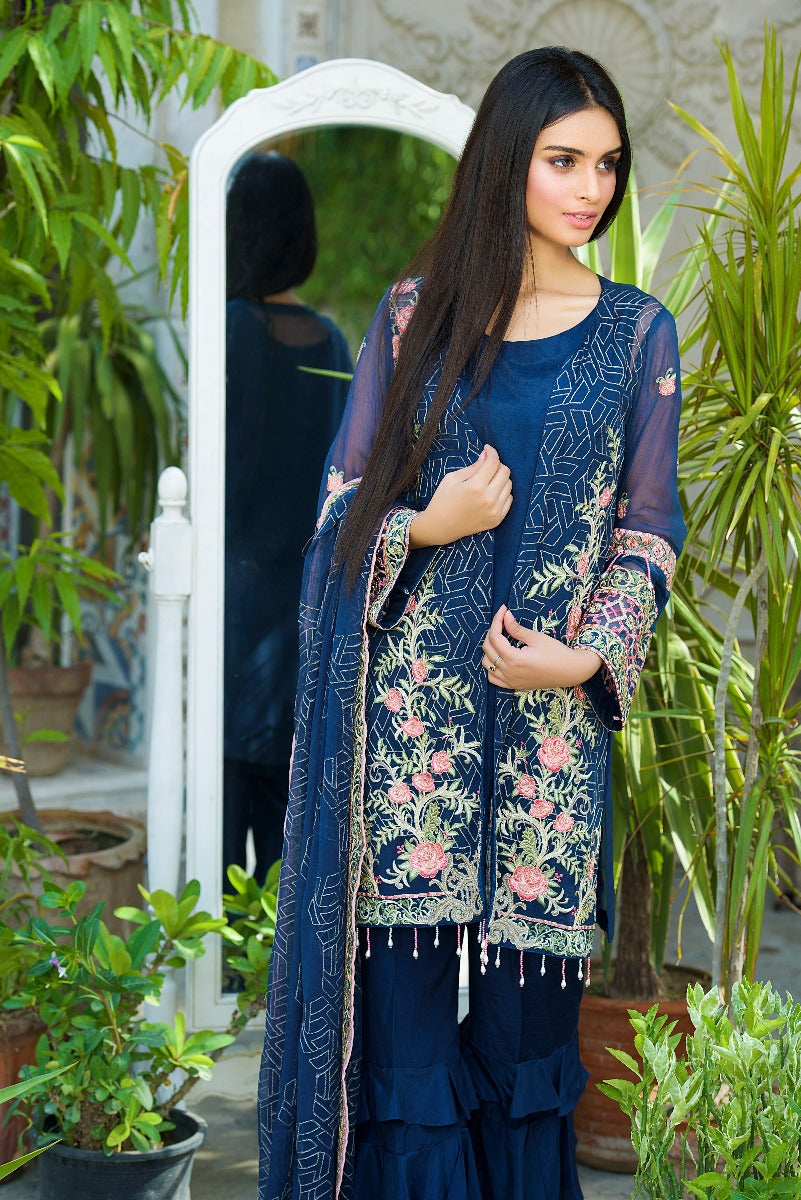 2264-MOONLIGHT-BLUE EMBROIDERED BEMBERG CHIFFON UNSTITCHED