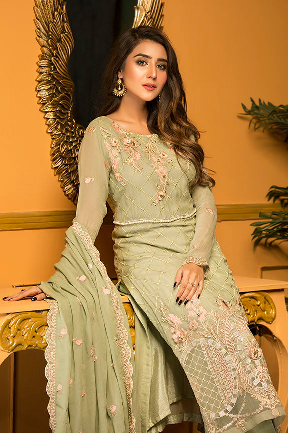 2277-PISTACHIO-CREAM EMBROIDERED CHIFFON STITCHED