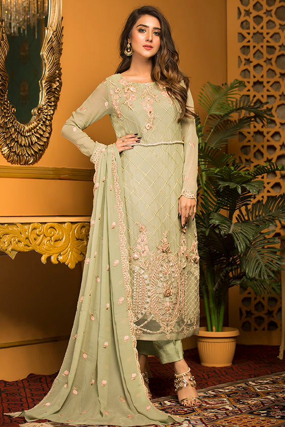 2277-PISTACHIO-CREAM EMBROIDERED CHIFFON STITCHED