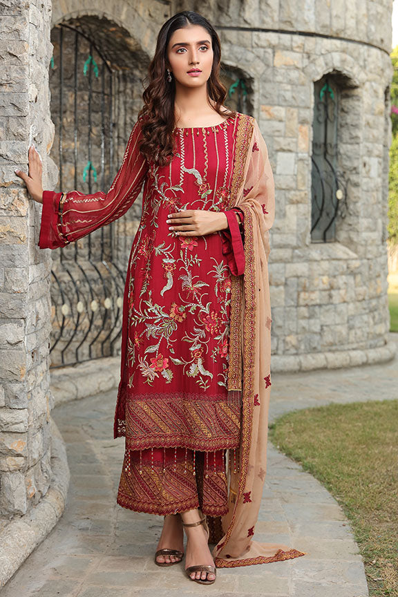 2292-CHEERFUL-RED EMBROIDERED BEMBERG CHIFFON UNSTITCHED