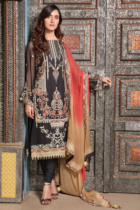 2295-BLENDED-BLACK EMBROIDERED BEMBERG CHIFFON UNSTITCHED