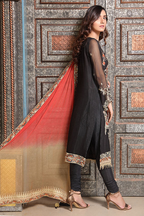 2295-BLENDED-BLACK EMBROIDERED BEMBERG CHIFFON UNSTITCHED